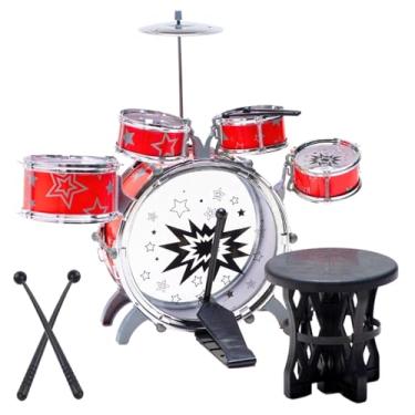 Imagem de Mini Bateria Infantil Vermelha com Banquinho e 5 Tambores – Brinquedo Musical Educativo para Crianças, Instrumento de Percussão com Baquetas, Presente Divertido e Criativo