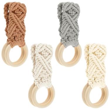 Imagem de 4 peças de suportes de toalha de macramê, anel de suporte de toalha de prato suspenso feito à mão em crochê, cabide de toalha de cozinha de macramê boho decorativo, anel de gancho de cozinha, presente