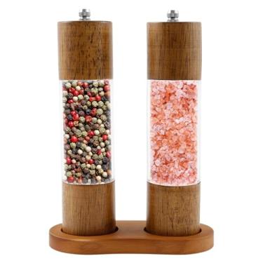 Imagem de Conjunto de moedor de sal e pimenta de madeira, moedor de sal e pimenta recarregável de 20 cm, grossura ajustável do rotor de cerâmica, coqueteleira manual de acrílico, moedor de sal e moedor de