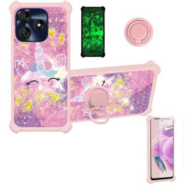 Imagem de jioeuinly Capa compatível com BLU G64L [com protetor de tela de vidro temperado][PC rígido + silicone macio][suporte para anel] [glitter dourado + luminoso] JSF-DJS