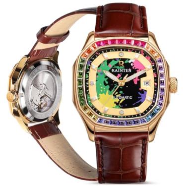 Imagem de RAINTEN R9011 Relógio masculino automático – mostrador de grafite colorido, bisel de zircão multicolorido, diamante real em 12, relógio mecânico de luxo com pulseira de couro, design de caixa quadrada