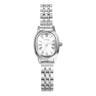 Imagem de JewelryWe Relógio oval feminino: numerais romanos mostrador pulseira de aço inoxidável pequenos relógios delicados relógio de pulso analógico de quartzo dourado, Prata