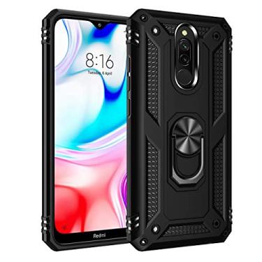Imagem de SORAKA Capa para Xiaomi Redmi 8 com suporte de anel capa protetora Xiaomi Redmi 8 capa traseira de policarbonato rígido com placa de metal para suporte magnético de telefone carro preto