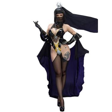 Imagem de Mobbunny Fantasia feminina anime derivada noiva cosplay gótico preto vestido de casamento macacão com véu e cocar (preto, GG)