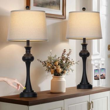 Imagem de CINSARY Luminária De Mesa Preta 28,75" Moderna, Cabeceira Com Ajuste 3 Vias, Portas Usb A+C E Tomadas Ca Para Sala Estar, Quarto, Abajur Mesa, Tecido Bege, Estilo Meados Do Século