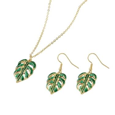 Imagem de Brincos pendentes de folha de palmeira verde com pingente de planta esmaltada verde conjunto de colar gargantilha para mulheres corrente ajustável leve hipoalergênico banhado a ouro moda joias