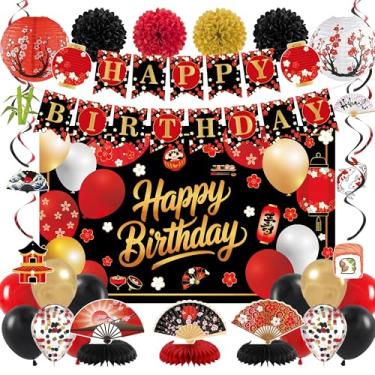 Imagem de Crenics Decorações de festa de aniversário Hibachi - pano de fundo Hibachi, faixa, centros de mesa de favo de mel, redemoinhos pendurados, pompons de papel, lanternas e ballooons para artigos de festa