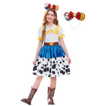 Imagem de IIMMER Vestido de vaqueira para meninas, 2 peças, com orelhas de rato, mangas bufantes, saia estampada de vaca 2 a 12 anos, Estampa de vaca, 8 Anos