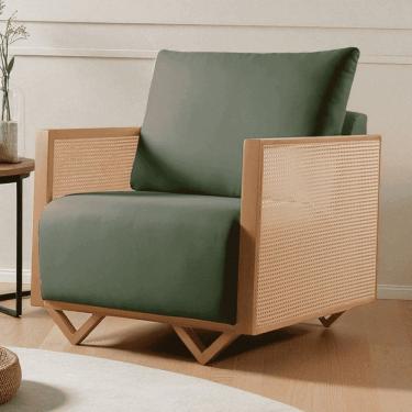 Imagem de Poltrona para Sala de Estar Madeira Maciça Palha Rattan Arthur Verde