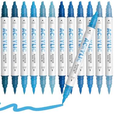 Imagem de Canetas de tinta acrílica azul, à base de água, 12 cores, marcadores de tinta acrílica de ponta dupla para pintura de rocha, madeira, vidro, cerâmica, tela, tecido, pedra, artesanato faça você mesmo