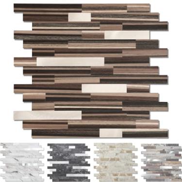 Imagem de Yipscazo 10 folhas de revestimento de azulejo de metal de pedra, cole em azulejos para cozinha, banheiro, lavanderia, acampamento, lareira (30 x 30 cm, madeira marrom)