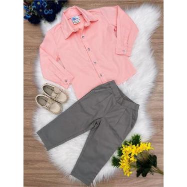 Imagem de Conjunto Social Infantil Camisa Salmão e Calça Sarja Caqui para Menino