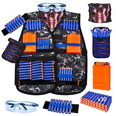 Imagem de Kit de colete tático infantil para série Nerf Guns com refil de dardos, bolsa de dardos, clipes de recarga, máscara tática, pulseira e óculos protetores, colete Nerf Brinquedos para meninos de 4 5 6 7