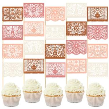 Imagem de Epakh 60 peças de topo de cupcake mexicano Fiesta Mini Papel Picado Banner Toppers de bolo, decoração de festa temática mexicana suprimentos Dia De Los Muertos Decoração Dia dos Mortos (cor vívida)