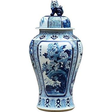 Imagem de AKALNNB Vasos para decoração vintage leão com capa cerâmica pintada à mão porcelana azul e branco vaso templo estilo chinês artesanato decorativo