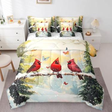 Imagem de Erosebridal Conjunto de edredom queen cardeal vermelho de 7 peças com lençóis, decoração de Natal para casa, árvore de Natal, com lençol de cima, lençol de cima