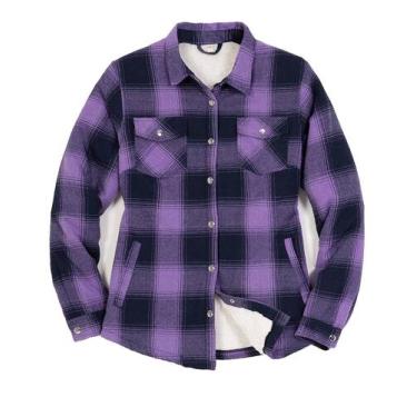 Imagem de Jaqueta Shacket ZENTHACE feminina xadrez forrada em sherpa roxa S