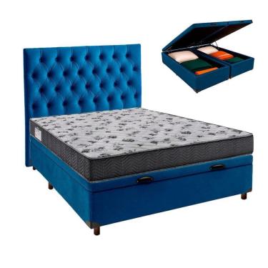 Imagem de Cama + Bau Azul E Colchão Ortobom D33 Casal - Iso100 + Cabeceira