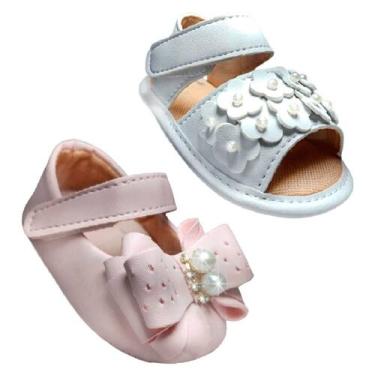 Imagem de Kit 2 Pares de Calçados Bebê Menina Recem Nascido  Laço, Pérolas e Flo