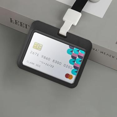 Imagem de 1 pacote com porta-crachá de identidade deslizante preto horizontal capa de plástico rígido com janela transparente para cartão de identificação de escritório, escola, cartões de crédito, cartões de