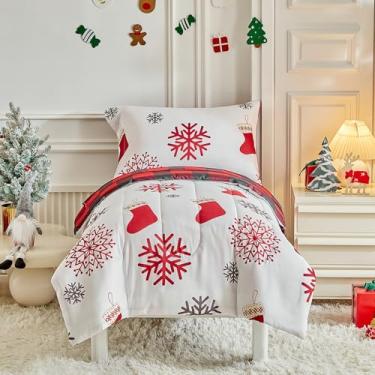Imagem de Conjunto de cama infantil de Natal para meninos e meninas, meias vermelhas e brancas, colorido, 4 peças – linda cama branca em uma bolsa com floco de neve cinza e vermelho