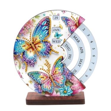 Imagem de AiYuanzsh Calendário perpétuo de mesa com pintura de diamante – Enfeite de mesa de madeira DIY 3D com design de borboleta colorida, kit de arte de diamante brilhante para decoração de mesa e presentes