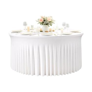 Imagem de 1 pacote de toalhas de mesa redondas brancas para mesas redondas de 1,8 m, toalha de mesa elástica de elastano com saia de mesa, sem rugas, toalha de mesa com costura redonda para festa, casamento