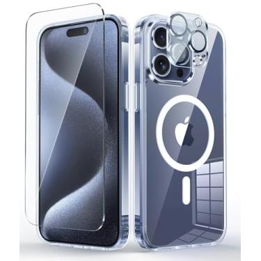 Imagem de FNTCASE Capa para iPhone 15 Pro-Max: suporte de carregamento magnético anti-amarelamento à prova de choque capa de telefone com protetor de tela temperado - proteção contra quedas de grau militar capa de proteção robusta - transparente 6.7