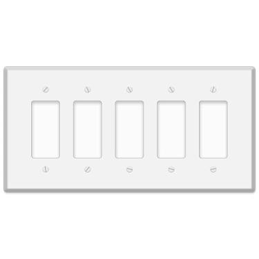 Imagem de Placa de parede para interruptor basculante branco grande de 5 gangs – Tampa de tomada GFCI jumbo de 29 x 14 cm, aço pintado resistente à corrosão, ajuste elétrico universal com parafusos