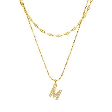 Imagem de Rockyu Colar feminino de camada dupla de aço inoxidável dourado com pingente de letra M com strass brilhante corrente de 45 cm IP banhado a ouro joia moderna
