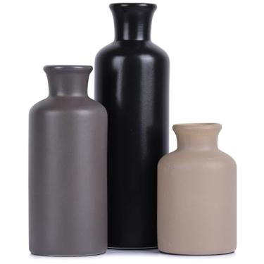 Imagem de Conjunto de 3 vasos de cerâmica – vasos decorativos neutros modernos para decoração de casa, vasos boêmios rústicos para sala de estar, cornija, mesa de jantar, estante, cozinha ou decoração de