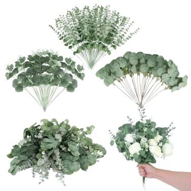 Imagem de patscorai 270 peças, 3 tipos de folhas de eucalipto mistas, hastes verdes, palitos de eucalipto, pacote de folhas artificiais prateadas de dólar, spray sintético para vaso de casamento, arranjo floral