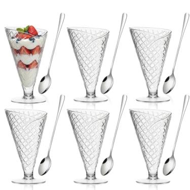 Imagem de SiliFine 6 conjuntos de tigelas de sobremesa de sorvete, copos de sobremesa waffle de 255 g com colheres longas de chá, milkshakes, copos de sorvete com pés para festa de aniversário, bar, frutas