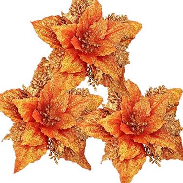 Imagem de tiecawk 12 peças de flores de poinsétia de Natal com glitter, enfeite de flor artificial grande, 17,8 cm para árvore de Natal, casamento, aniversário, festa, festa, decoração de casa (laranja)