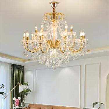 Imagem de Lustre contemporâneo de luxo com cristais dourados, estilo europeu, com iluminação LED, ideal para sala de estar, restaurante, quarto, villa, hotel, duplex, escada, loja de roupas, salão de