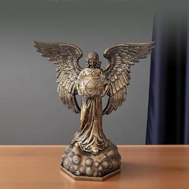 Imagem de Semeid Escultura vintage de estátua de arcanjo Metatron de resina dourada - Estatueta de anjo de geometria sagrada espiritual para casa, sala de estar, quarto, escritório, meditação, espaço, decoração