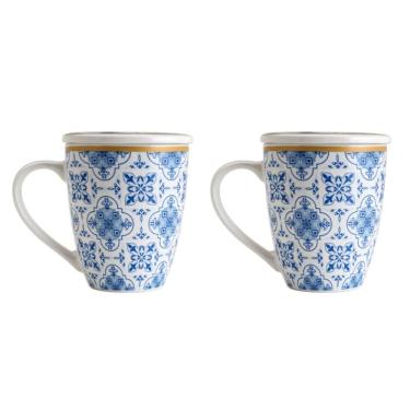 Imagem de Kit 02 Canecas Para Chá De Porcelana Com Tampa 340 Ml Lyor