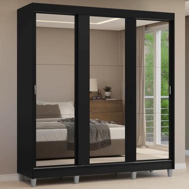 Imagem de Guarda-roupa Casal Com Pés 3 Portas De Correr De Espelho Preto Reno Madesa