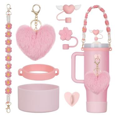 Imagem de Rabrgab Conjunto de 7 peças de acessórios para copo Stanley rosa com alça de alça, tampa de cobertura de palha de coração de amor/flor, bota de silicone, pingentes de coração de amor para copo de