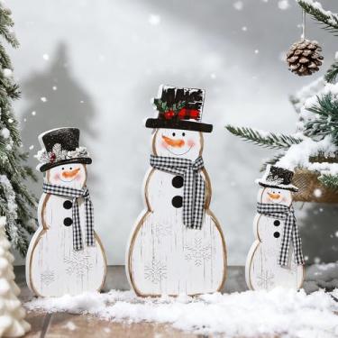 Imagem de COCHIE Conjunto de 3 decorações de Natal de boneco de neve, decoração de mesa de Natal com blocos de boneco de neve, decoração de mesa de Natal para festa, casa, escritório, prateleira, porta (Vintage