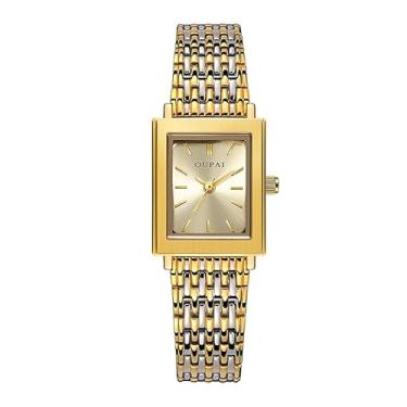 Imagem de OUPAI Relógio de pulso retangular pequeno e casual feminino de quartzo à prova d'água, Ouro 15012