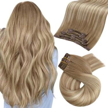 Imagem de Moresoo Clip In Hair Extensions Real Humano Trama Dupla Liso Balayage Ombre Castanho Claro Misto Com Loiro Dourado 22 Polegadas 5 Peças 80G