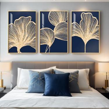 Imagem de Arte de parede de luxo moderna emoldurada para quarto, arte grande azul marinho e folha de ginkgo dourada para paredes, 3 peças de impressões florais contemporâneas de estilo brilhante para sala de