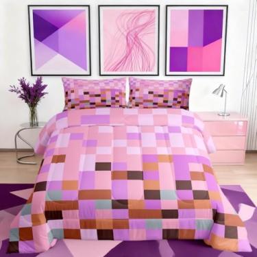 Imagem de Manfei Conjunto de edredom Queen com tema Pixel Grid, blocos de videogame, decoração alternativa de quarto de adultos, malha xadrez colorida geométrica, rosa, roxo, microfibra ultramacia, enchimento