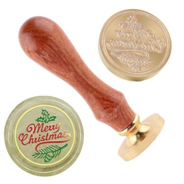 Imagem de Carimbo de lacre de cera de Natal Merry Christma carimbo de latão e uma alça de madeira para cartões de Natal, convites de festa, envelopes de cartas, cartões de felicitações, presentes