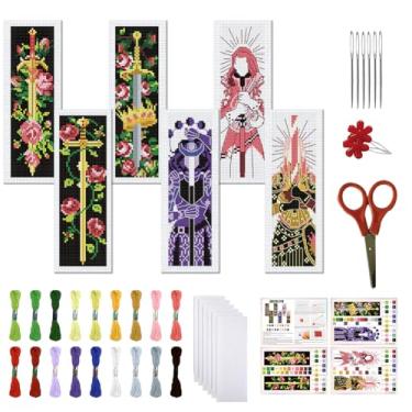 Imagem de FREEBLOSS Conjunto de 6 kits de marcadores de página de ponto cruz com estampa de espada e rosa, kit de bordado de 11 CT com instruções para adultos iniciantes 20 x 6 cm