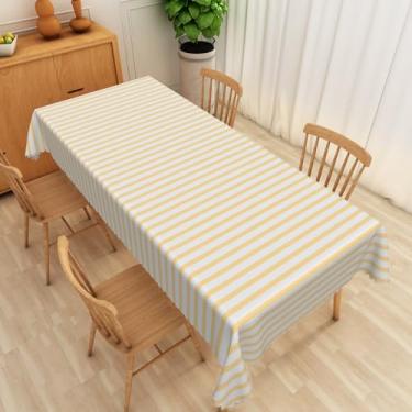Imagem de SIEDYCV Toalha de mesa listrada amarela 137 x 213 cm, tecido listrado amarelo celeste e branco, toalha de mesa de poliéster, impermeável, lavável, retangular, para decoração de sala de jantar e