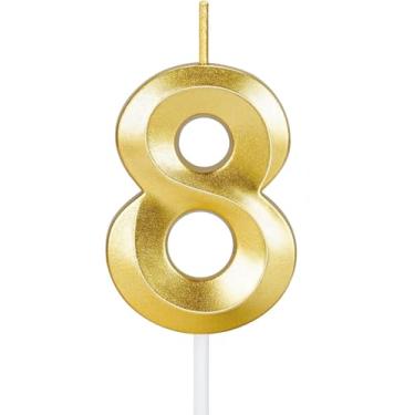 Imagem de Vela de aniversário número 8 dourada, cera metálica, decoração de bolo de aniversário de longa duração