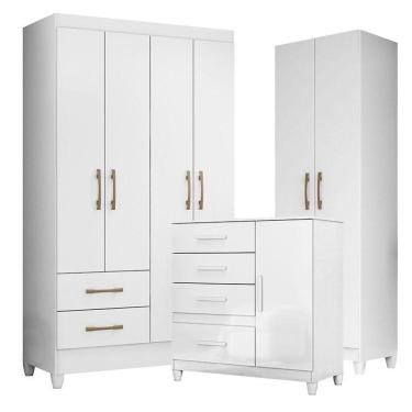 Imagem de Guarda Roupa Solteiro Chile Com Cômoda Vênus Com Pés E Armário Multiuso New íris Branco Brilho - Moval