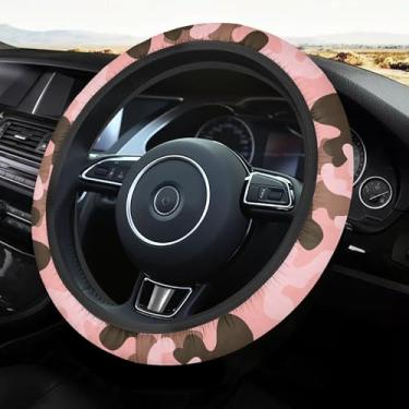 Imagem de Emdrsuy Capa de volante camuflada rosa universal de 38 cm - 100% poliéster elástico | Padrão camuflado rosa e cinza claro | Lavável na máquina e fácil instalação | Perfeito para mulheres motoristas